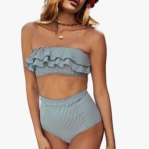 2Piece Bikini Set Stripe Full Coverage Swimsuit Tummy Control Padded S